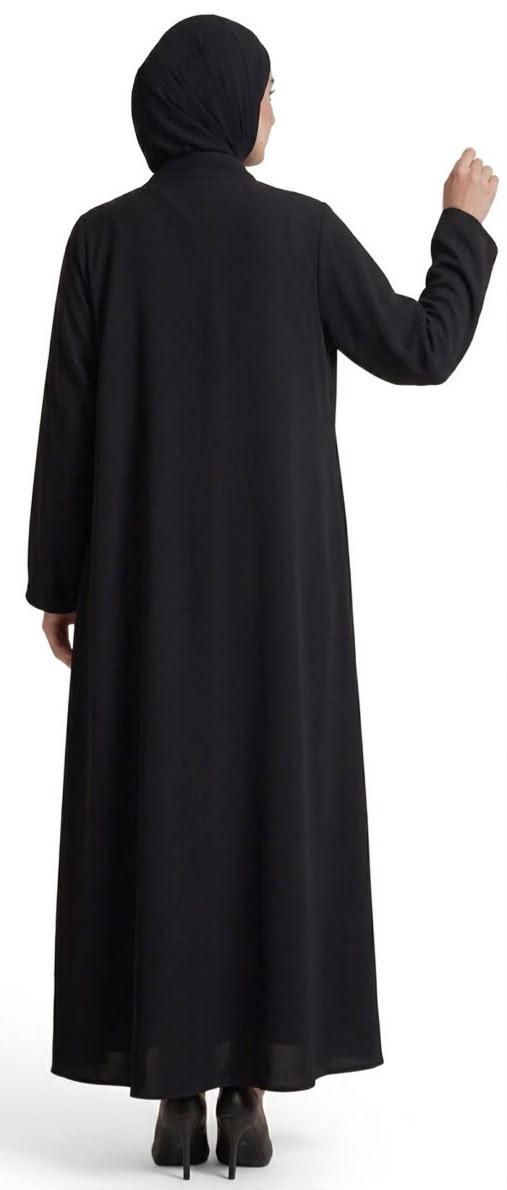 Women's Black Abaya with Floral Embroidery - Open Front