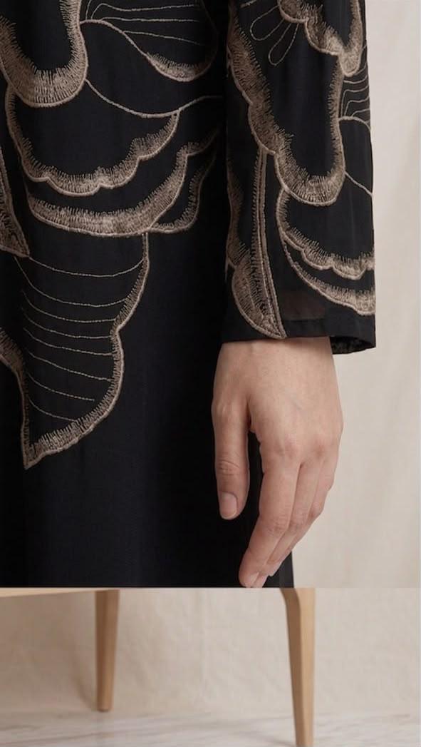 Women's Black Abaya with Floral Embroidery - Open Front