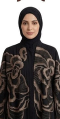 Women's Black Abaya with Floral Embroidery - Open Front