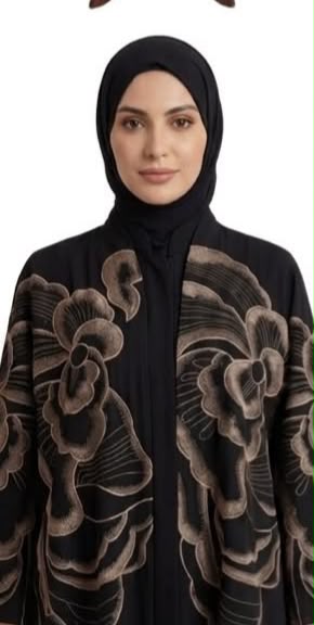 Women's Black Abaya with Floral Embroidery - Open Front