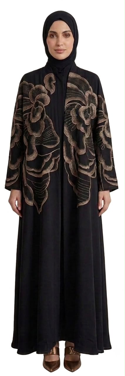 Women's Black Abaya with Floral Embroidery - Open Front